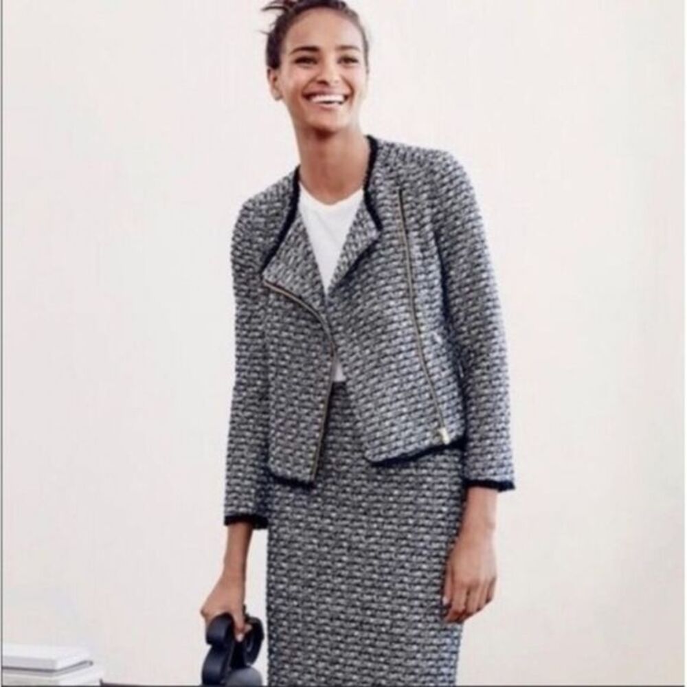 J.Crew Zip jacket blazer in fringy tweed / 10 / WARM CHARCOAL IVORY